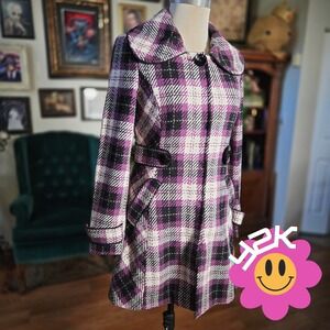 Y2K Sharinio Purple Plaid Pea Coat Peter Pan Collar Mid Length Jacket 165/84A